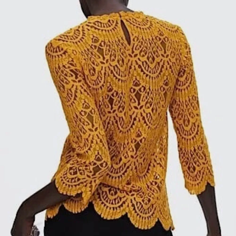 Zara Mustard Yellow Vintage Style Sheer Lace Blouse Size L